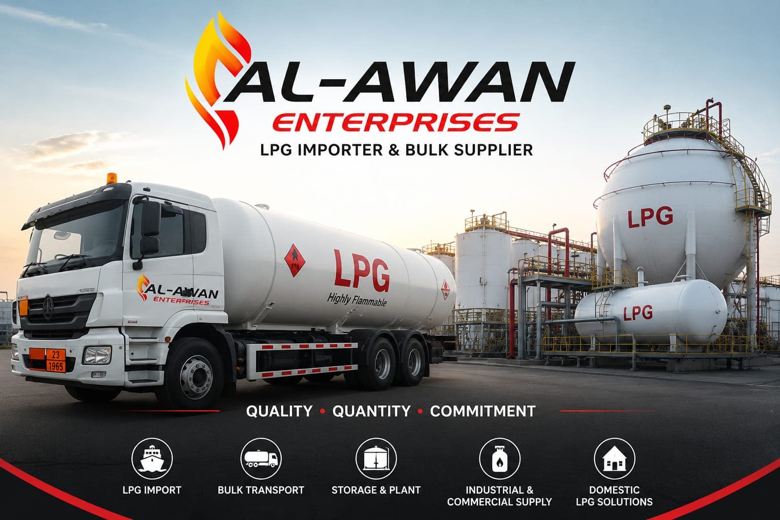 AL-AWAN LPG storage sphere, tanker truck, and cylinders